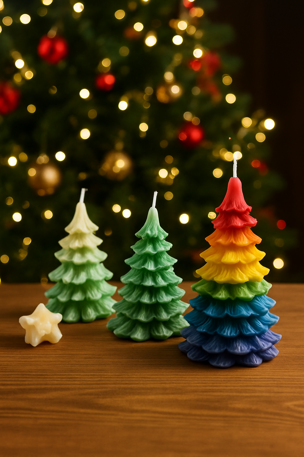 Hand-poured rainbow Christmas Tree candle made with natural soy wax